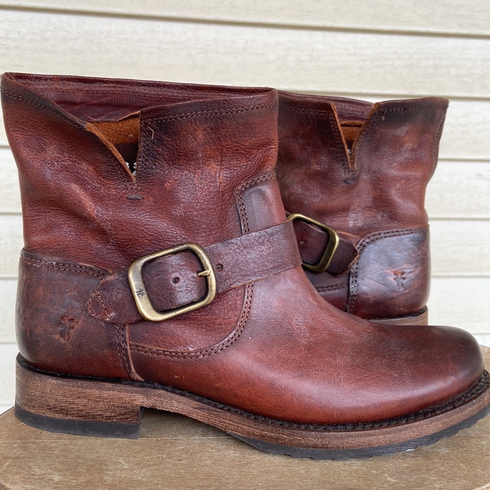 Frye Veronica Leather Low Ankle Moto Boots in Redwood Women's Size 6 - Picture 10 of 10
